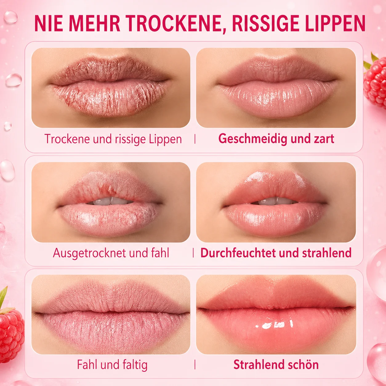 Comparison image showing dry and cracked lips transformed into smooth, hydrated, and shiny lips after care, with raspberry accents.